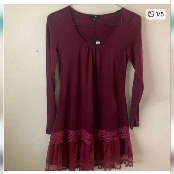 ANTHROPOLOGY Ryu Long Sleeve Maroon Lace Ruffle Trim Dress - Picture 1 of 3